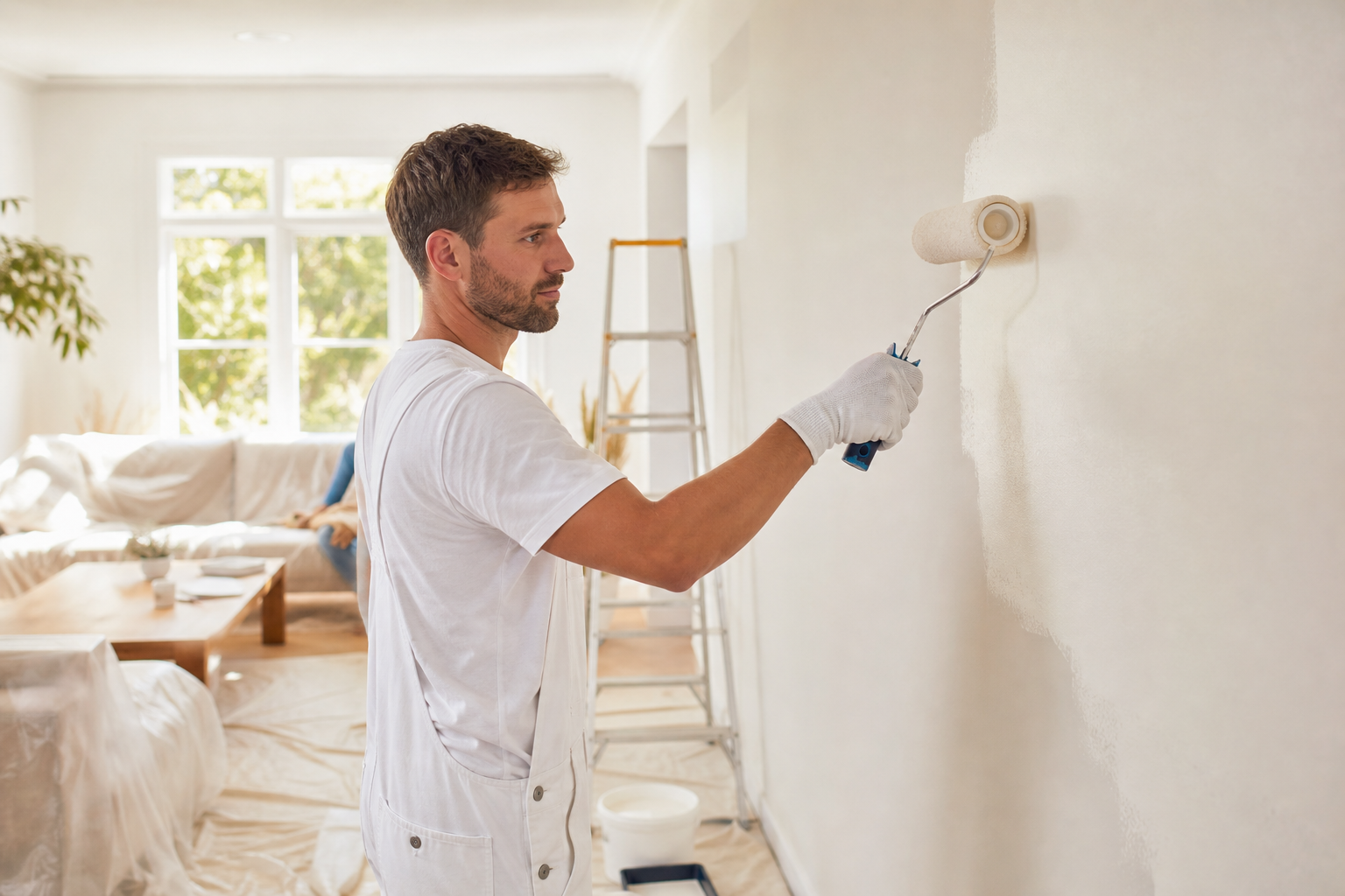 Bright Star painter rolling fresh paint onto a living room wall