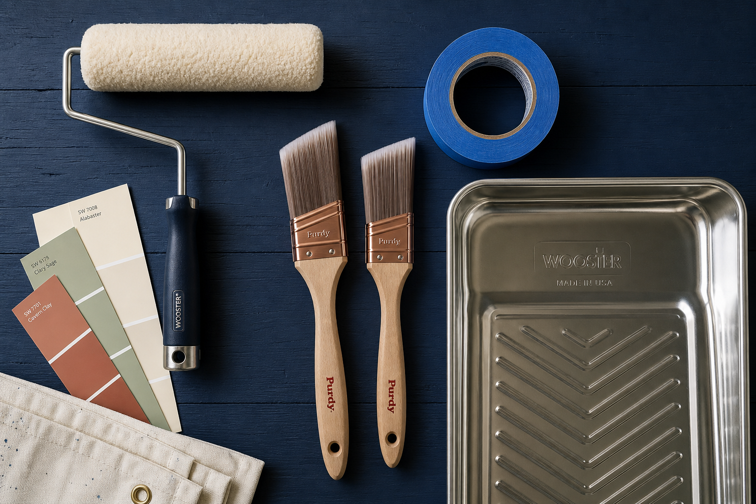 Professional painting tools arranged on a navy surface: roller, sash brushes, painter's tape, tray, and colour swatches