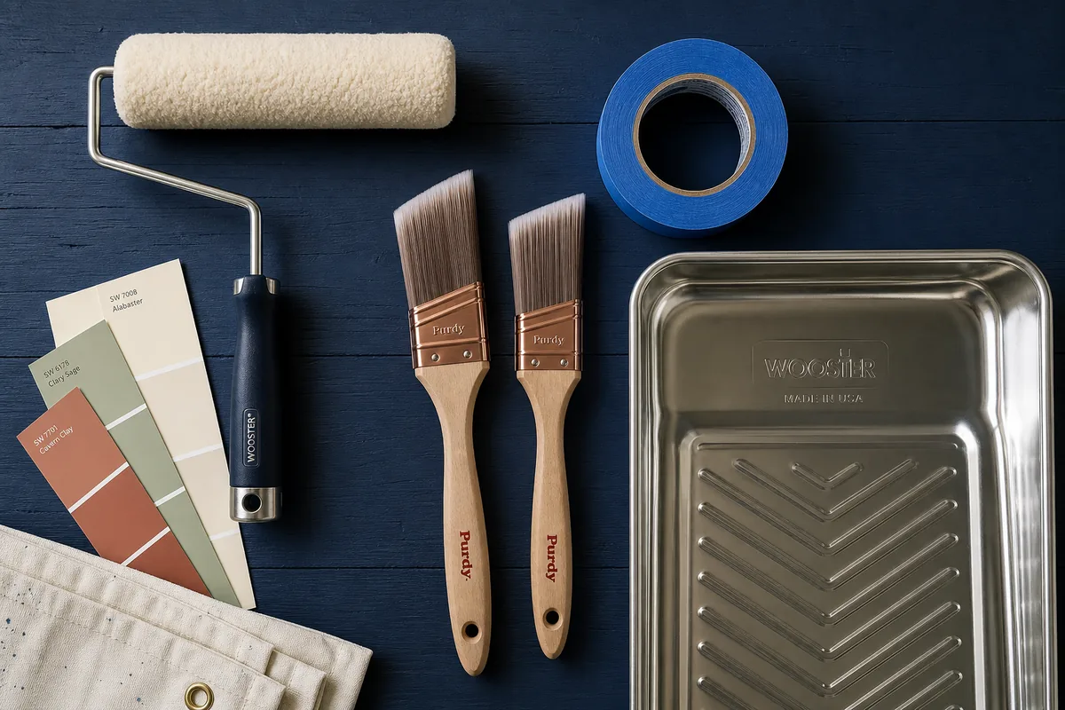 Professional painting tools arranged on a navy surface: roller, sash brushes, painter's tape, tray, and colour swatches