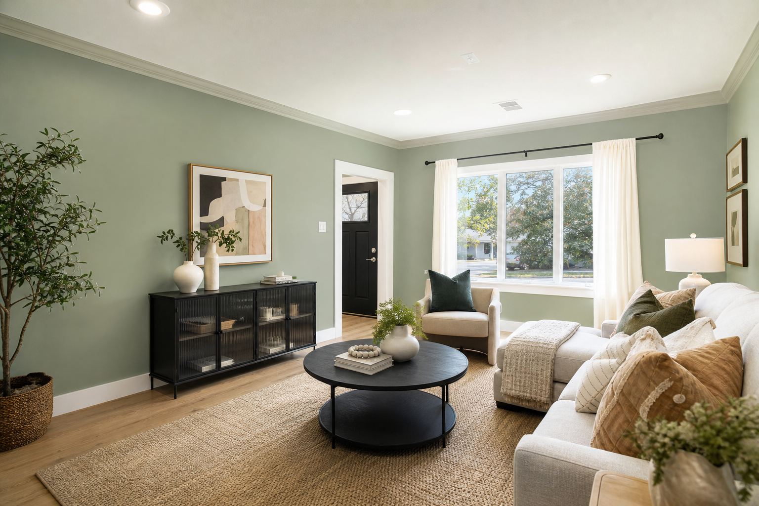 Freshly painted sage green living room with crisp white trim