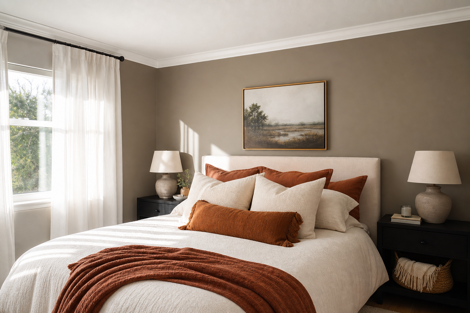 Bedroom repainted with a warm greige accent wall