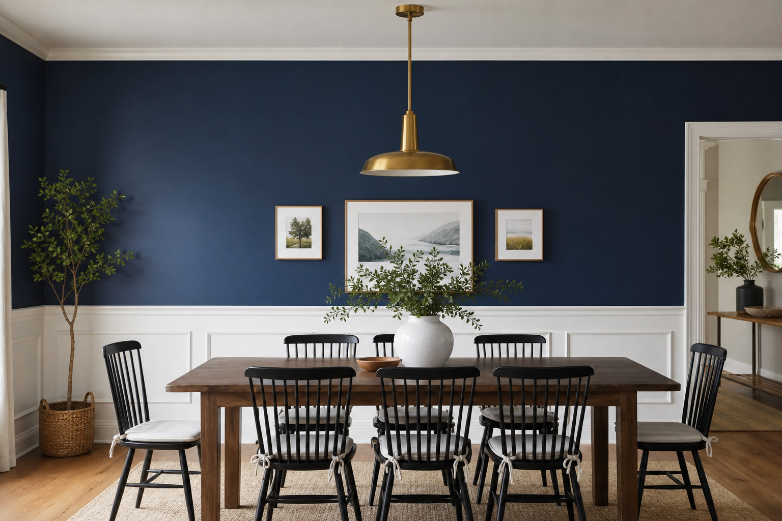 Dining room with a freshly painted navy feature wall above white wainscoting