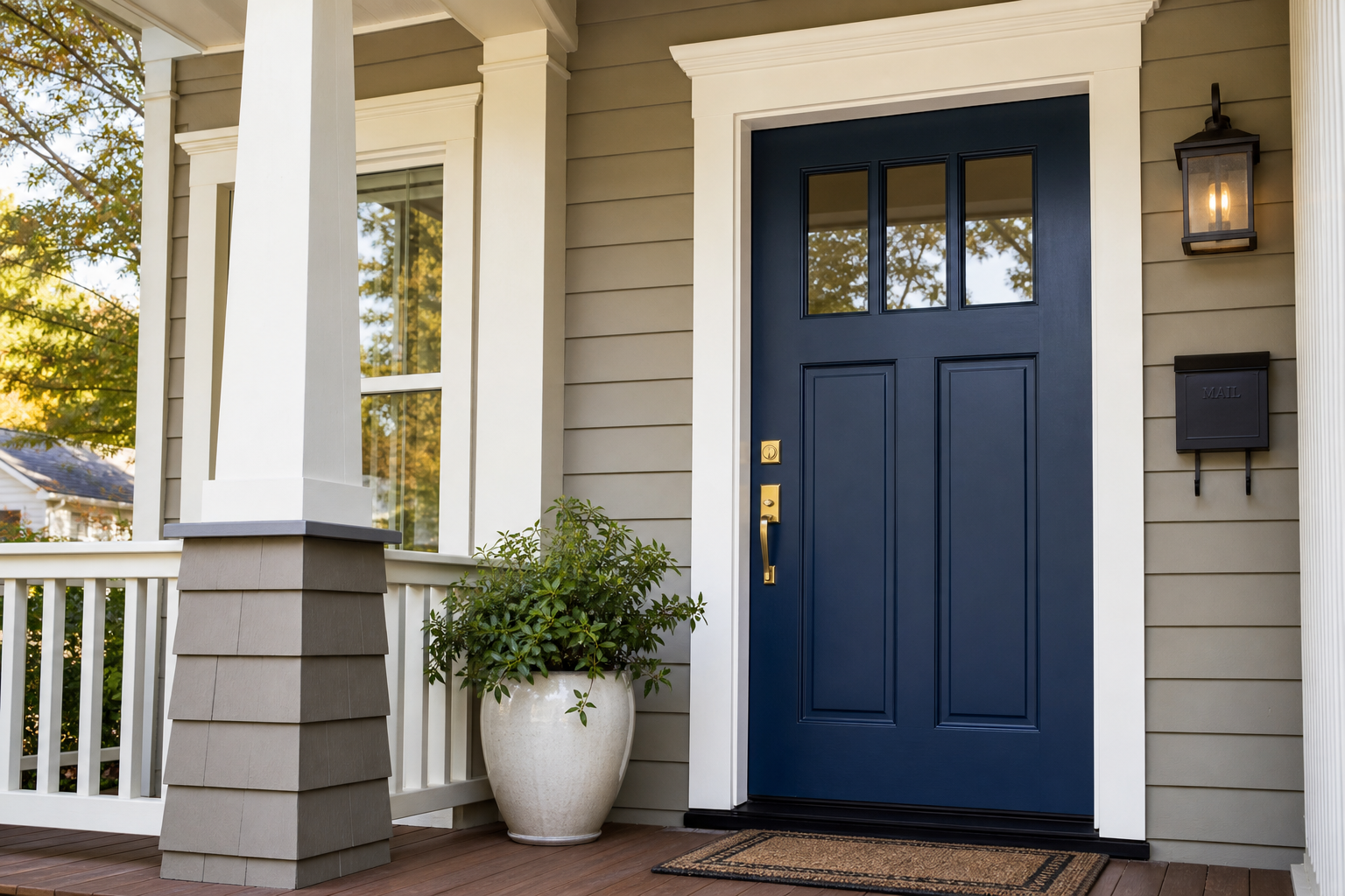 Front door repainted in deep navy with brass hardware